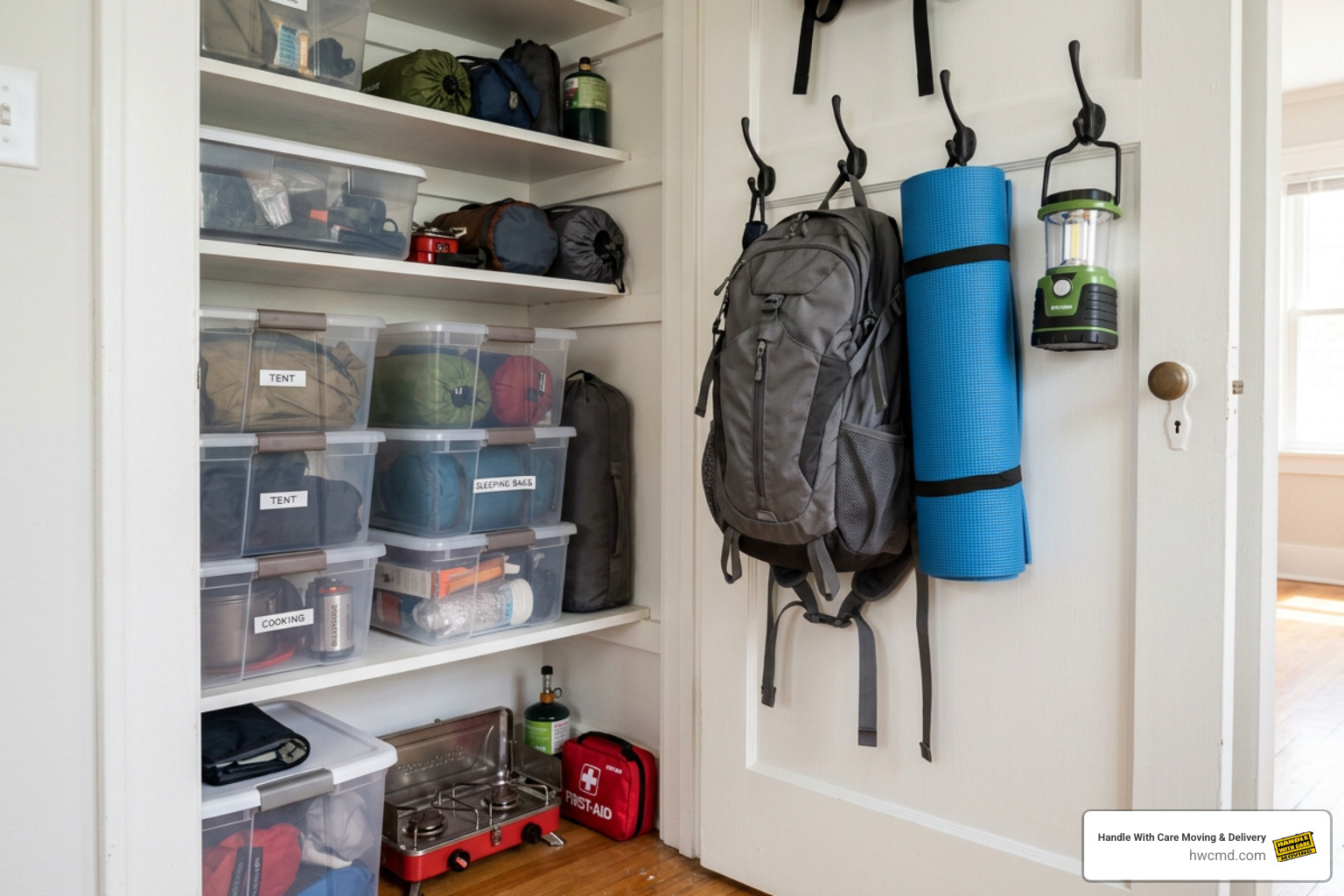 organized camping gear in small closet