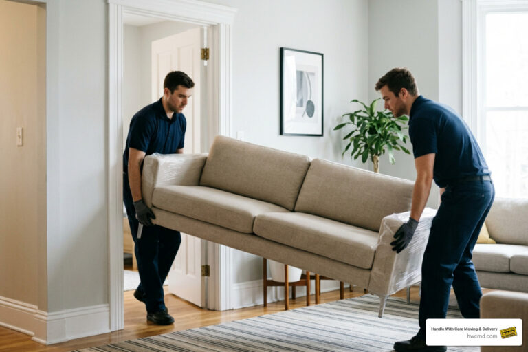 professional movers carefully carrying a sofa