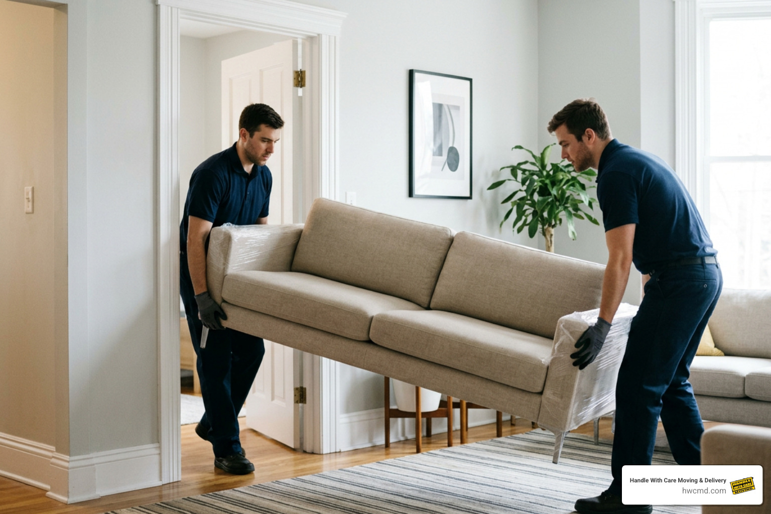 professional movers carefully carrying a sofa