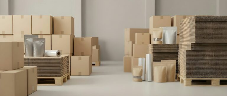 Assorted packing supplies including corrugated boxes tape and protective bubble wrap